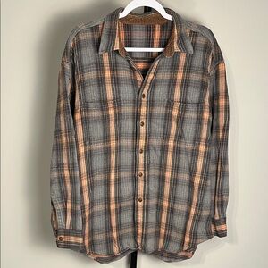 EUC Heavy Flannel Gray and Orange Plaid Men's Shirt Approximately XL Ptp 25